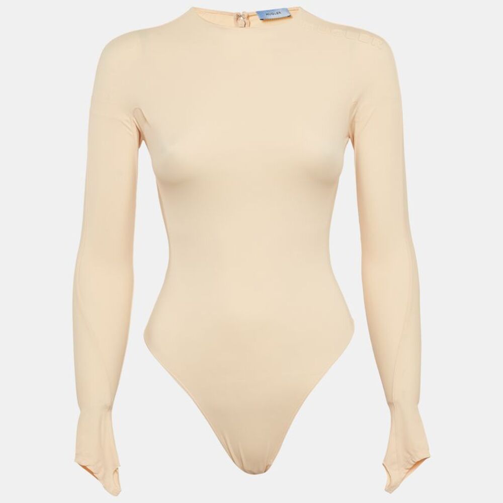 Mugler Beige Jersey Long-Sleeve Thumb-Holes Bodysuit S